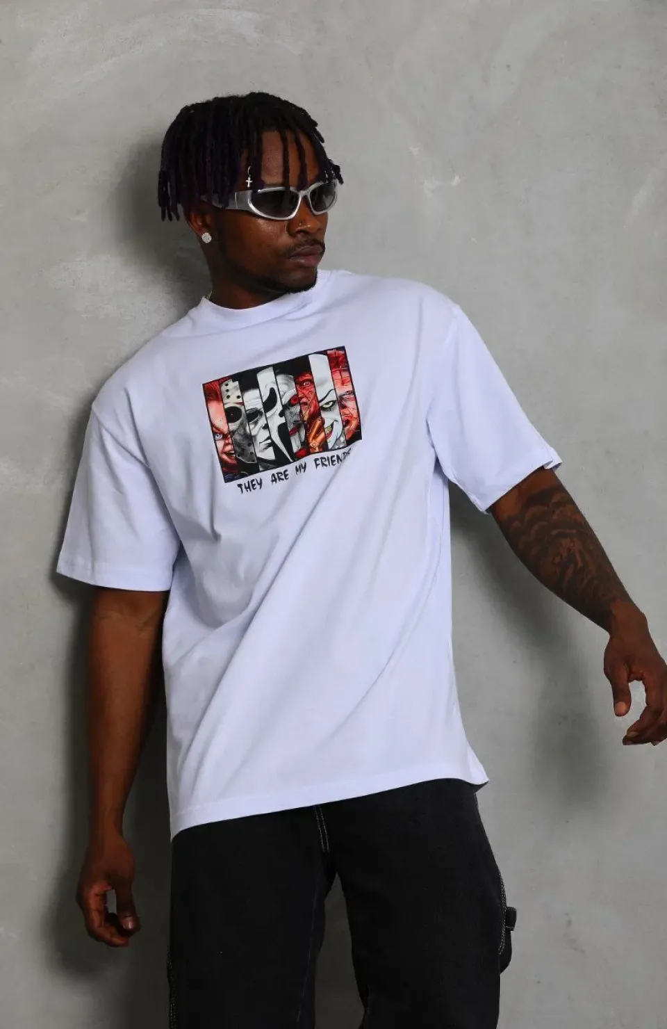 Unisex Oversize Baskılı Bisiklet Yaka T-Shirt - Beyaz