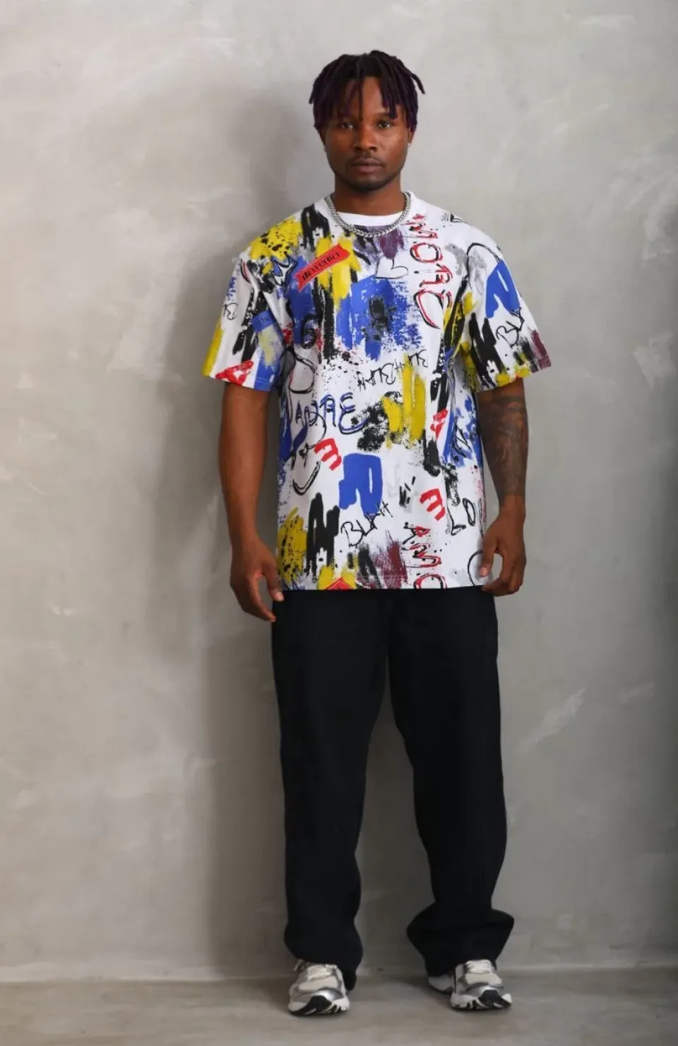 Unisex Oversize Baskılı Bisiklet Yaka T-Shirt - Beyaz