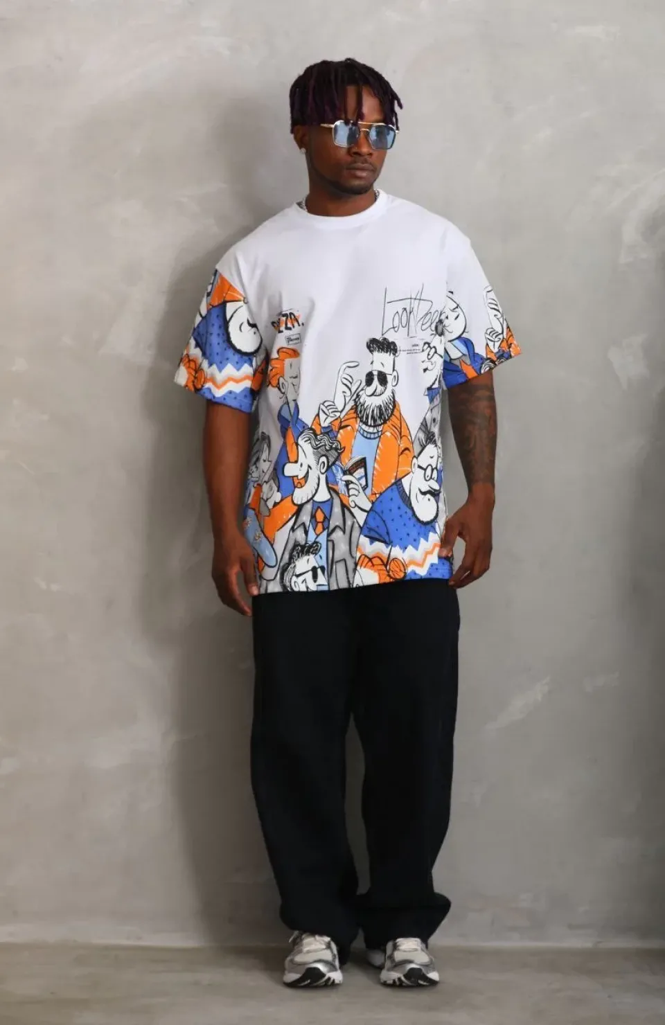 Unisex Oversize Baskılı Bisiklet Yaka T-Shirt - Beyaz