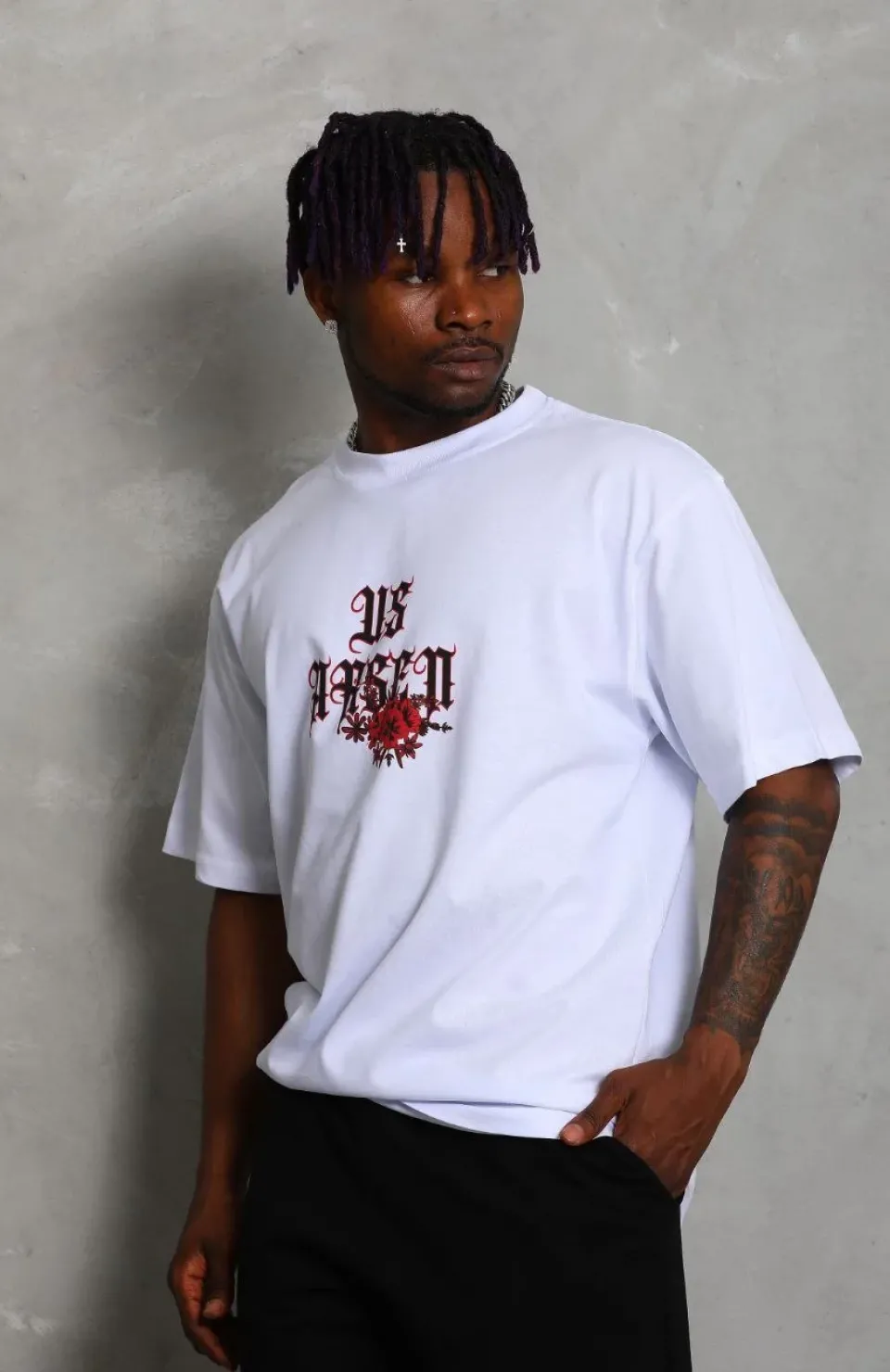 Unisex Oversize Baskılı Bisiklet Yaka T-Shirt - Beyaz