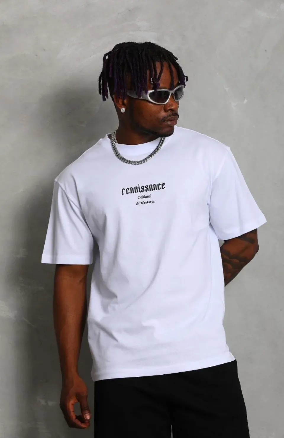 Unisex Oversize Baskılı Bisiklet Yaka T-Shirt - Beyaz