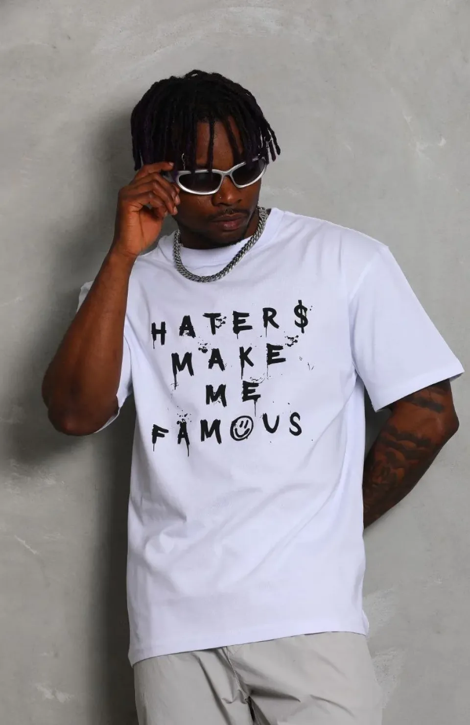 Unisex Oversize Baskılı Bisiklet Yaka T-Shirt - Beyaz