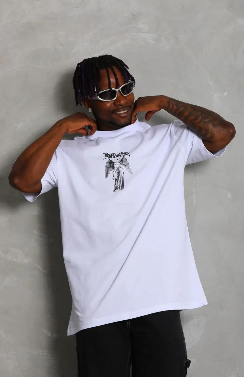 Unisex Oversize Baskılı Bisiklet Yaka T-Shirt - Beyaz