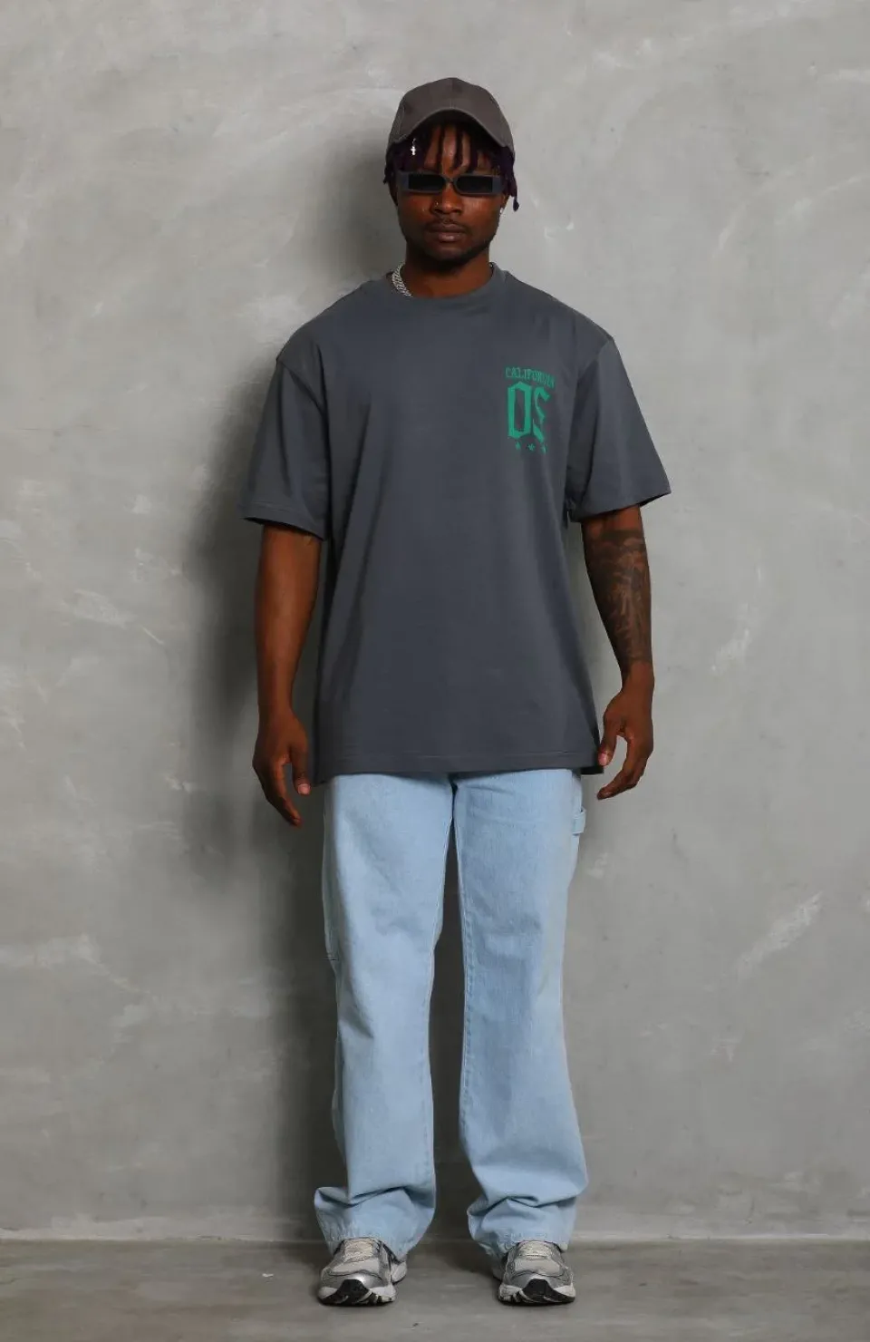 Unisex Oversize Baskılı Bisiklet Yaka T-Shirt - Füme