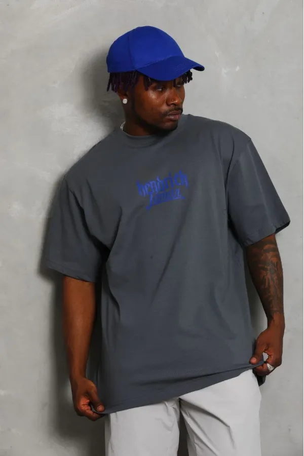 Unisex Oversize Baskılı Bisiklet Yaka T-Shirt - Füme