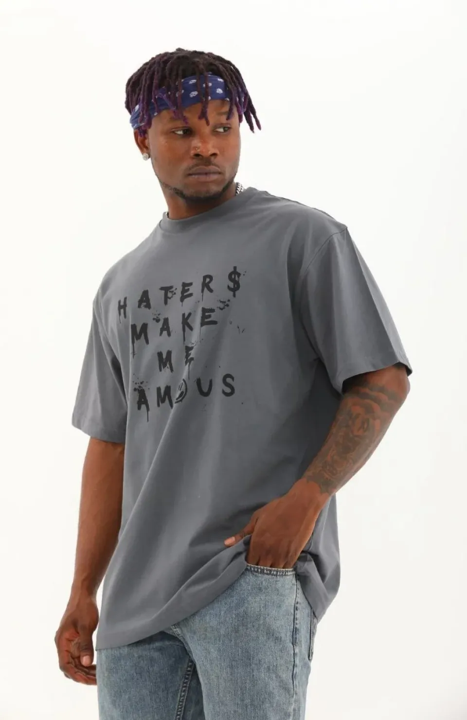 Unisex Oversize Baskılı Bisiklet Yaka T-Shirt - Füme