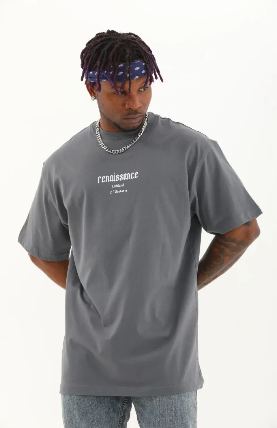 Unisex Oversize Baskılı Bisiklet Yaka T-Shirt - Füme