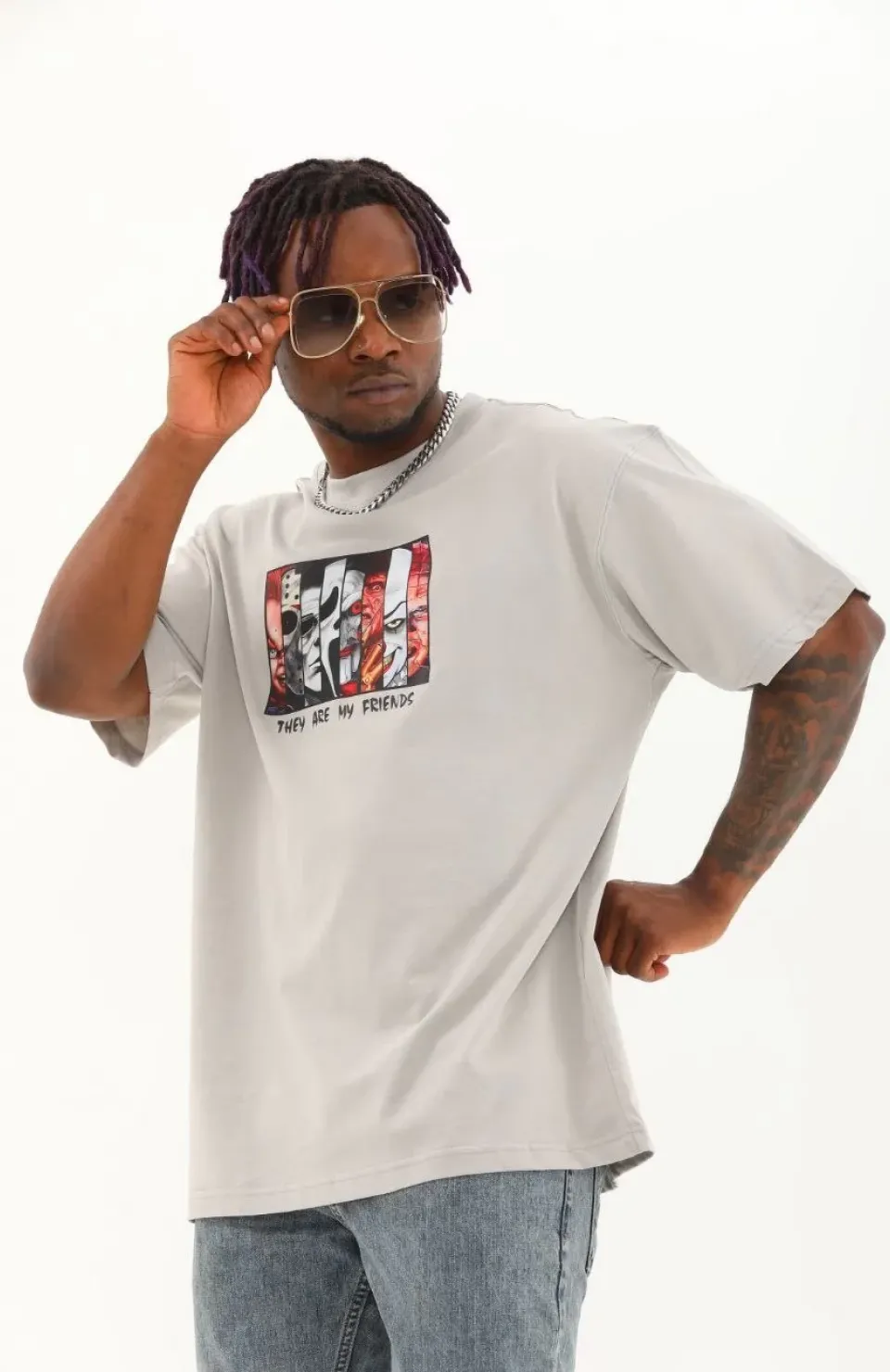 Unisex Oversize Baskılı Bisiklet Yaka T-Shirt - Gri