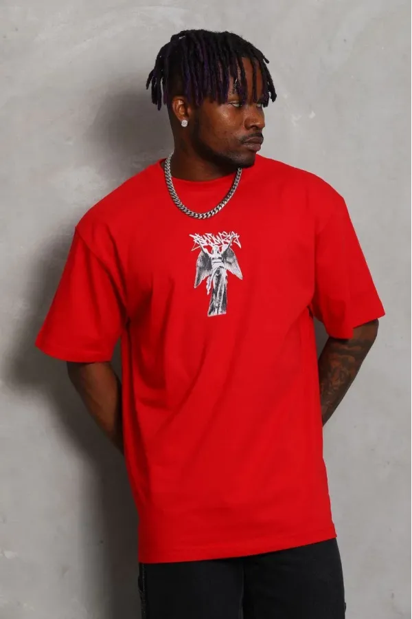 Unisex Oversize Baskılı Bisiklet Yaka T-Shirt - Kırmızı