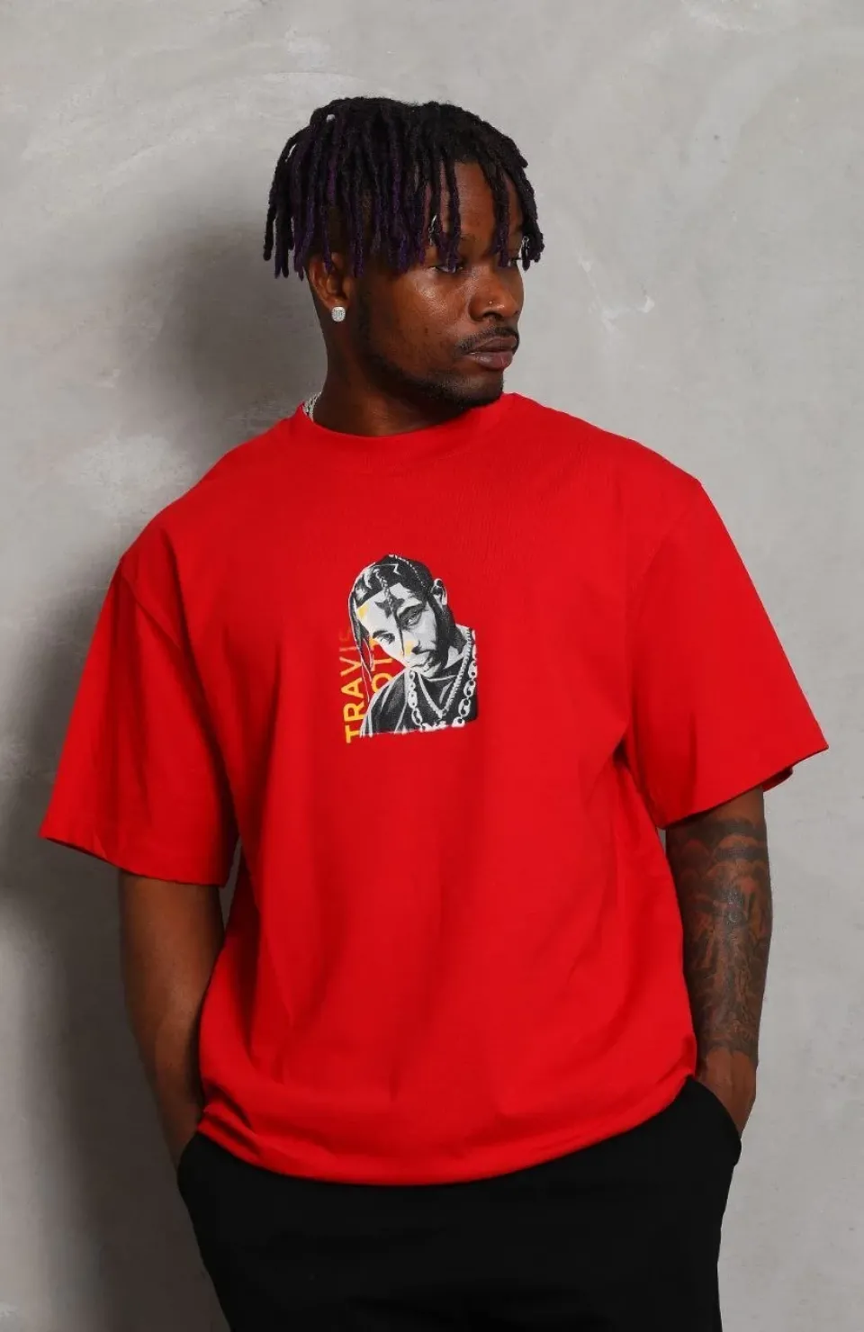 Unisex Oversize Baskılı Bisiklet Yaka T-Shirt - Kırmızı