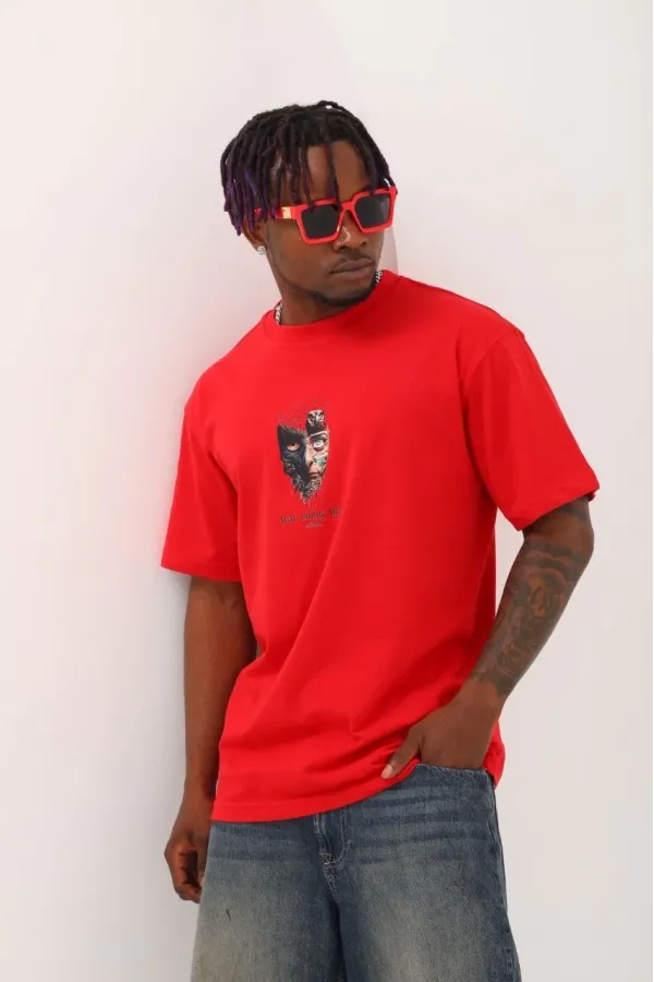 Unisex Oversize Baskılı Bisiklet Yaka T-Shirt - Kırmızı