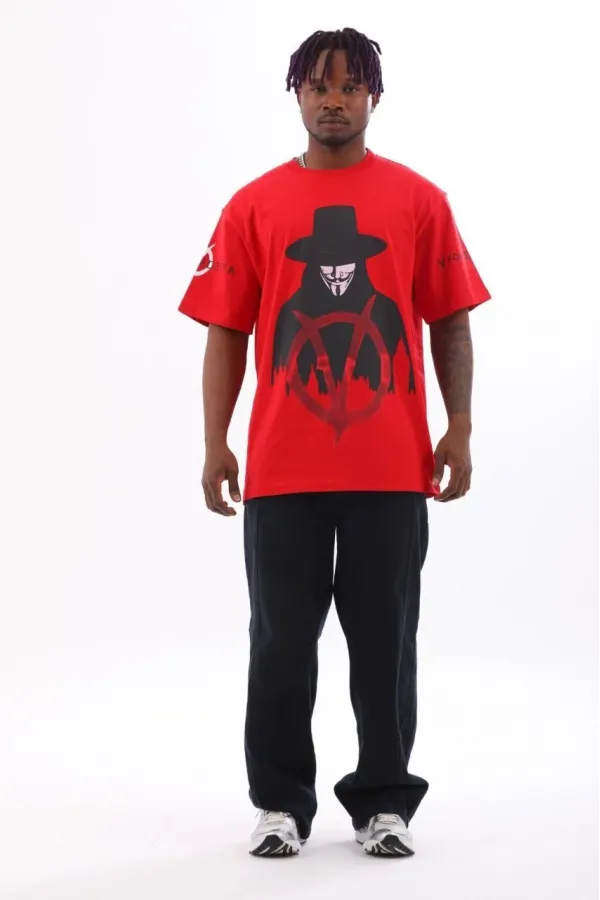 Unisex Oversize Baskılı Bisiklet Yaka T-Shirt - Kırmızı