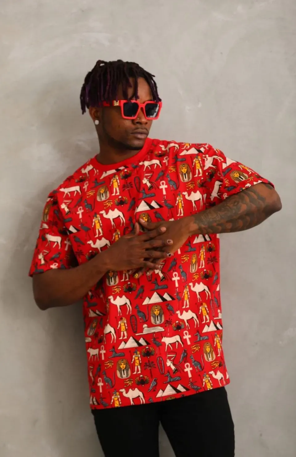 Unisex Oversize Baskılı Bisiklet Yaka T-Shirt - Kırmızı