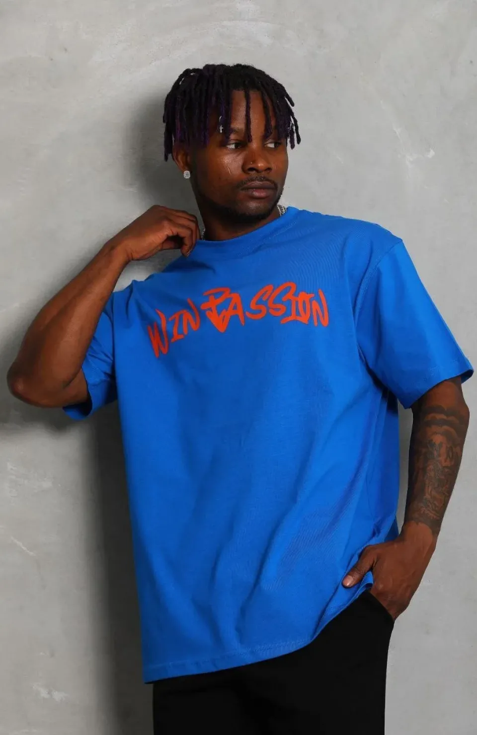 Unisex Oversize Baskılı Bisiklet Yaka T-Shirt - Mavi