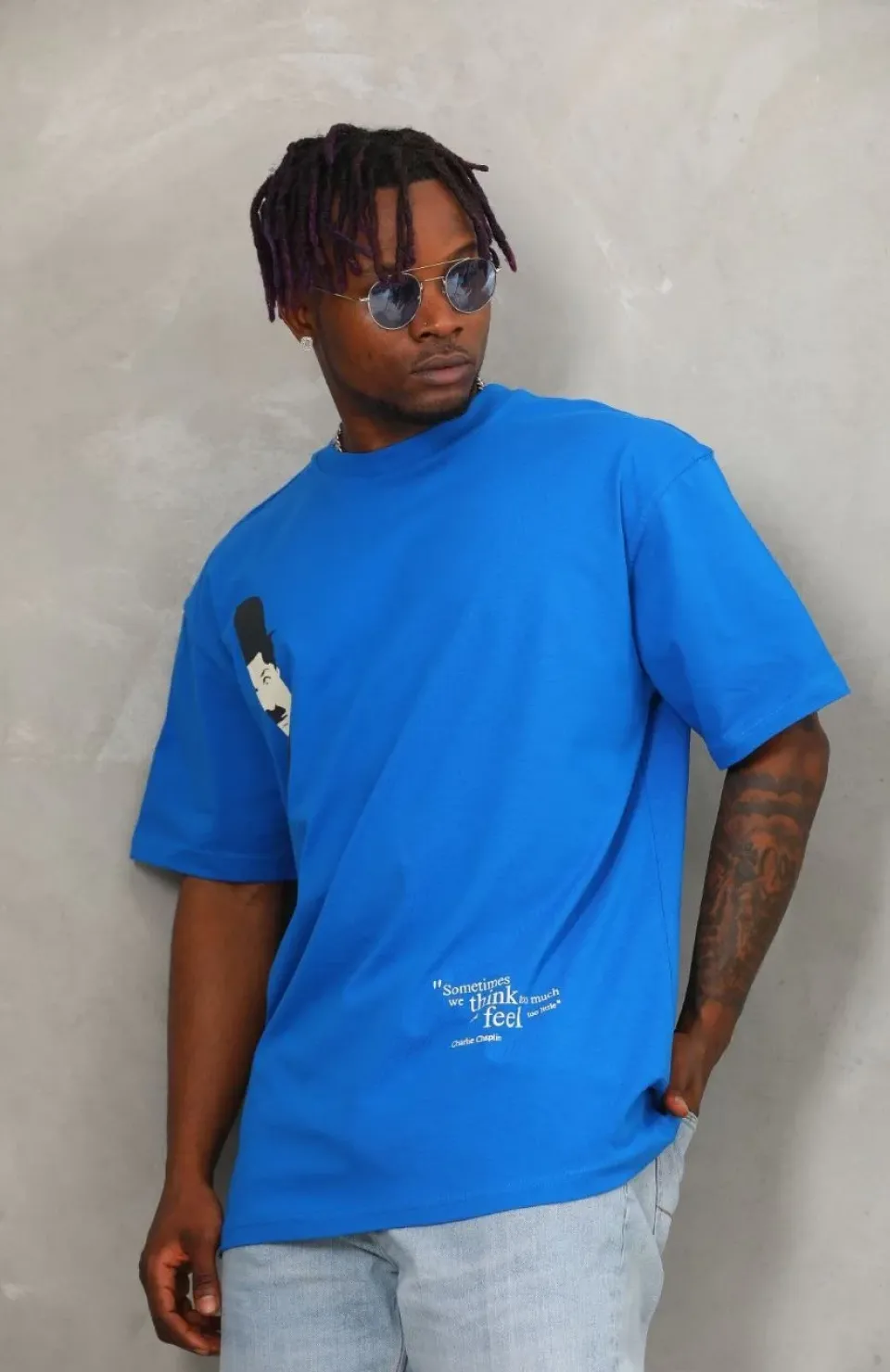 Unisex Oversize Baskılı Bisiklet Yaka T-Shirt - Mavi