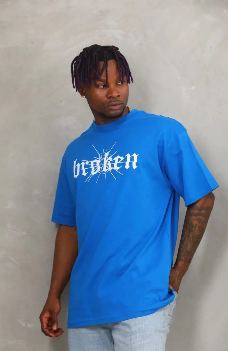 Unisex Oversize Baskılı Bisiklet Yaka T-Shirt - Mavi