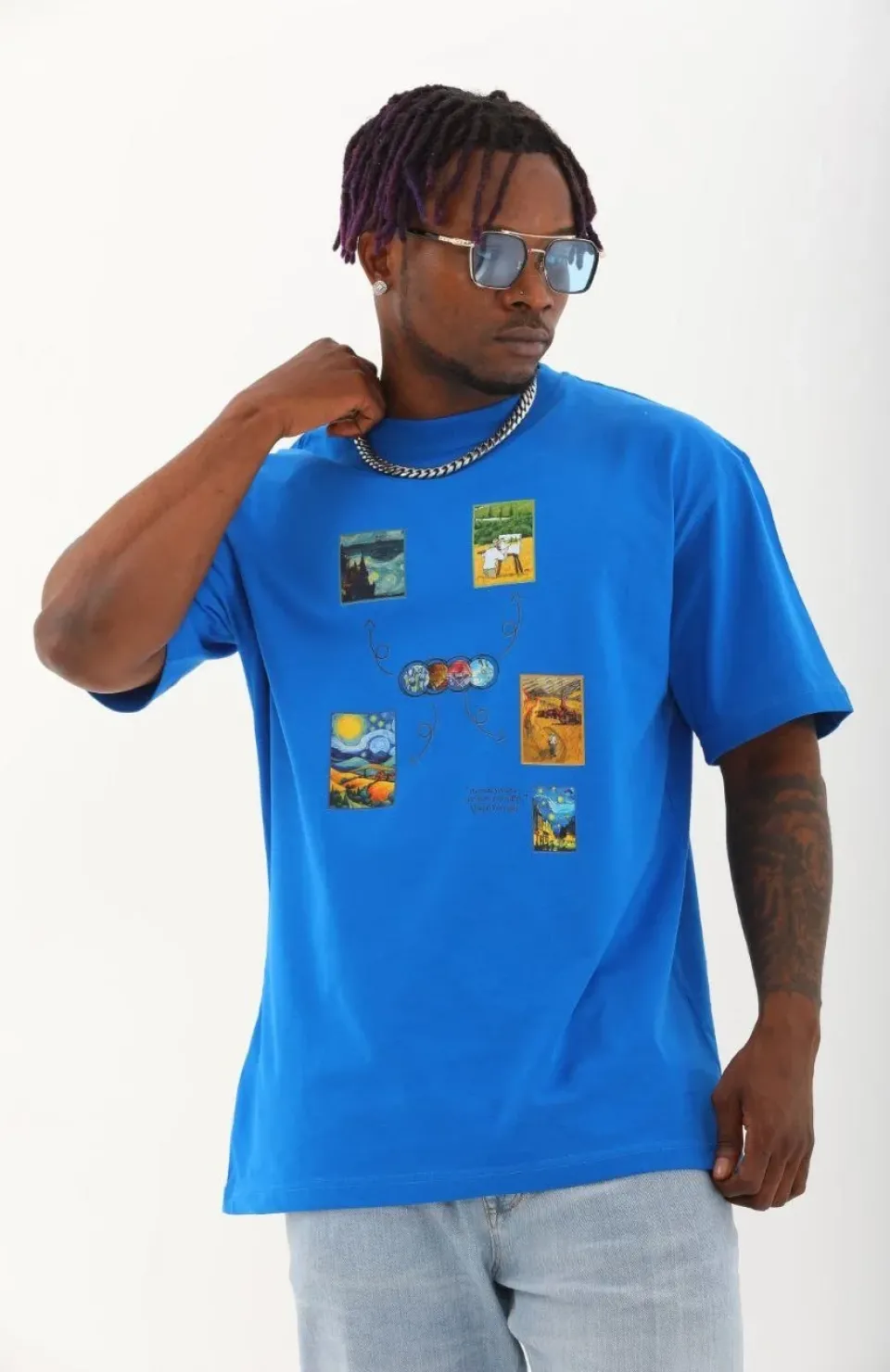 Unisex Oversize Baskılı Bisiklet Yaka T-Shirt - Mavi