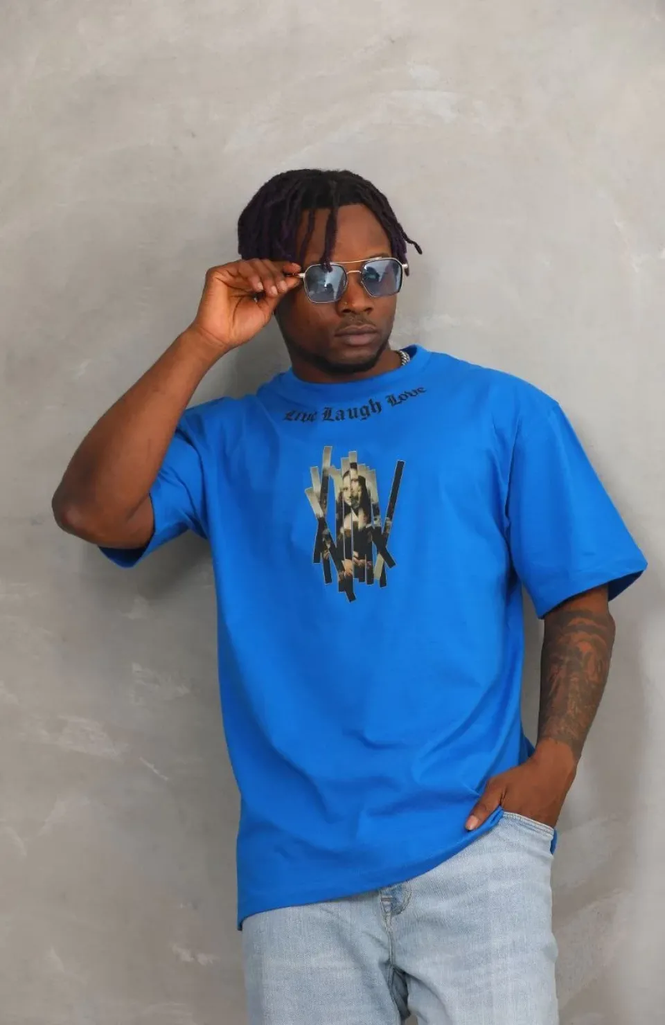 Unisex Oversize Baskılı Bisiklet Yaka T-Shirt - Mavi