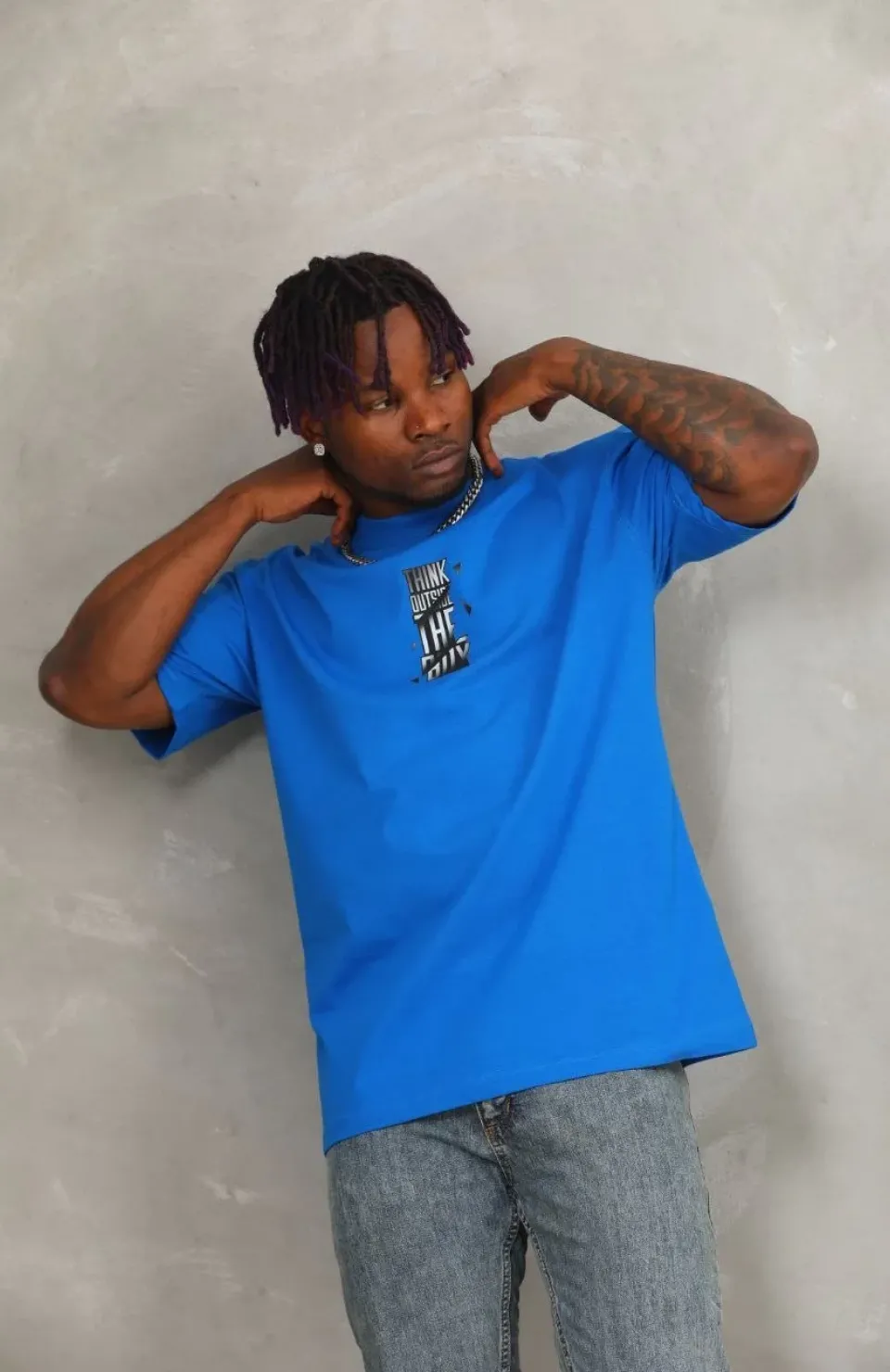 Unisex Oversize Baskılı Bisiklet Yaka T-Shirt - Mavi