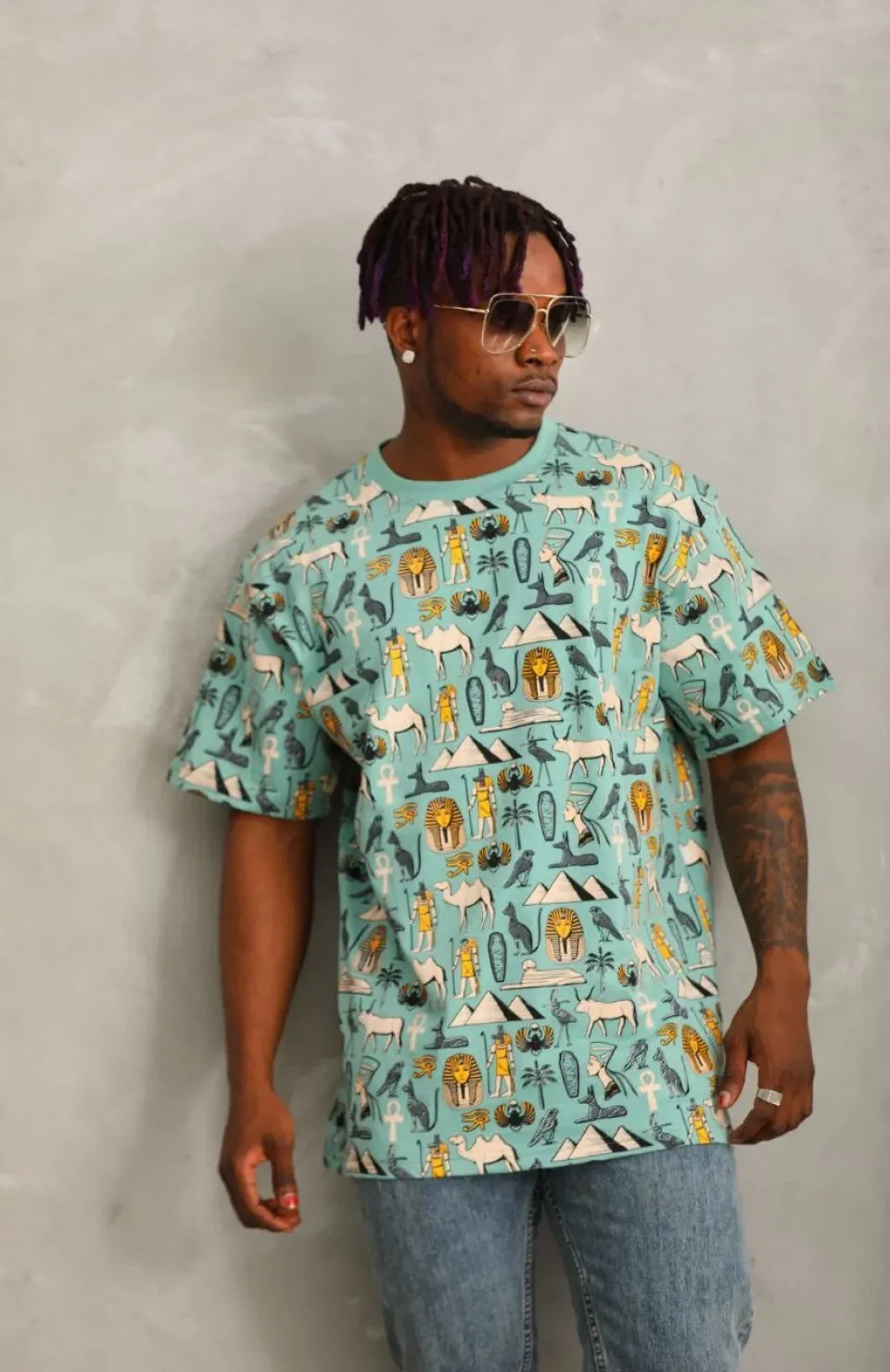 Unisex Oversize Baskılı Bisiklet Yaka T-Shirt - Mint Yeşili