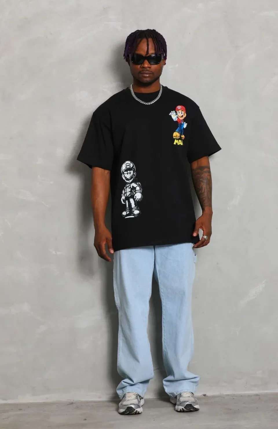 Unisex Oversize Baskılı Bisiklet Yaka T-Shirt - Siyah