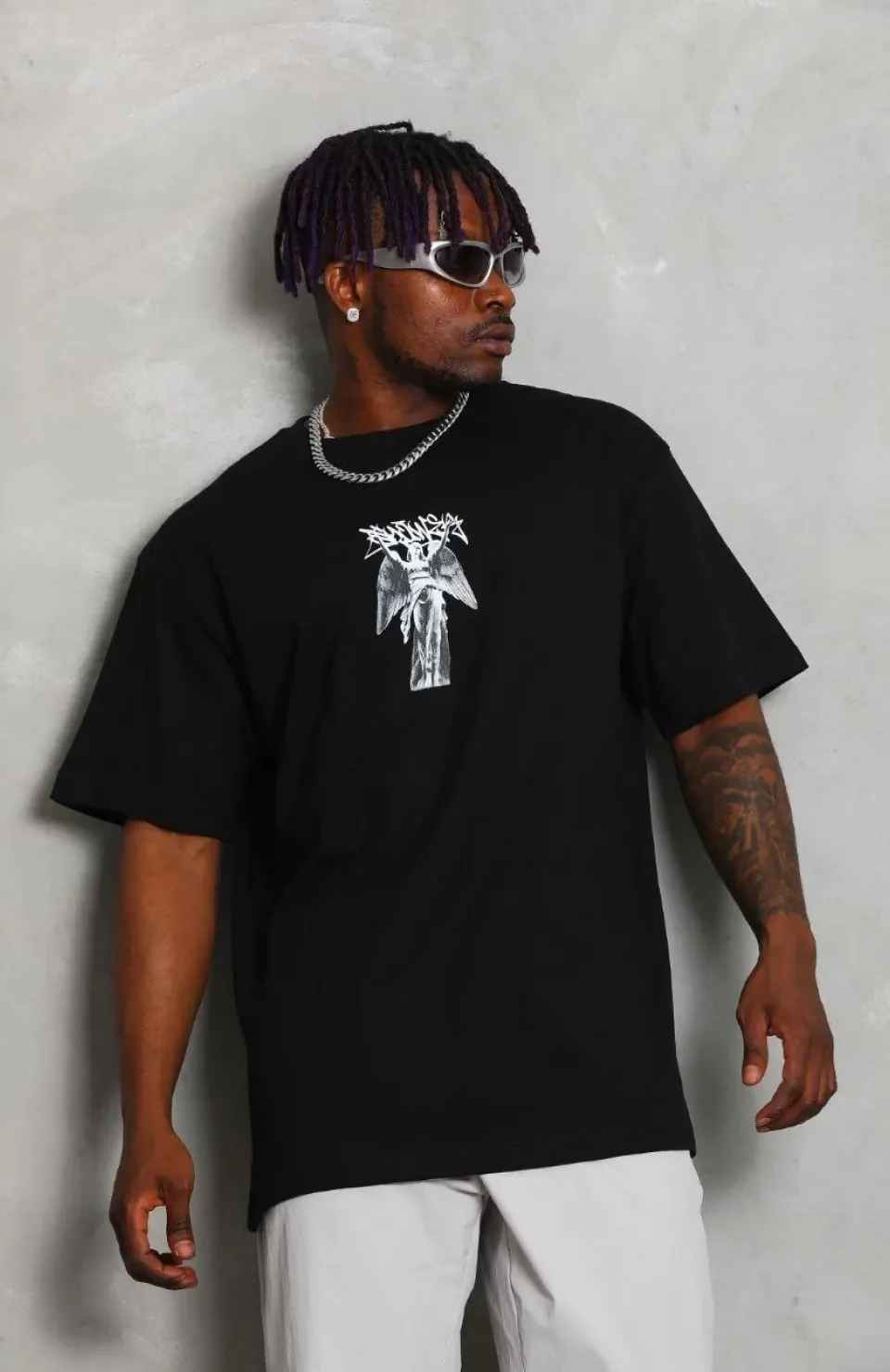 Unisex Oversize Baskılı Bisiklet Yaka T-Shirt - Siyah