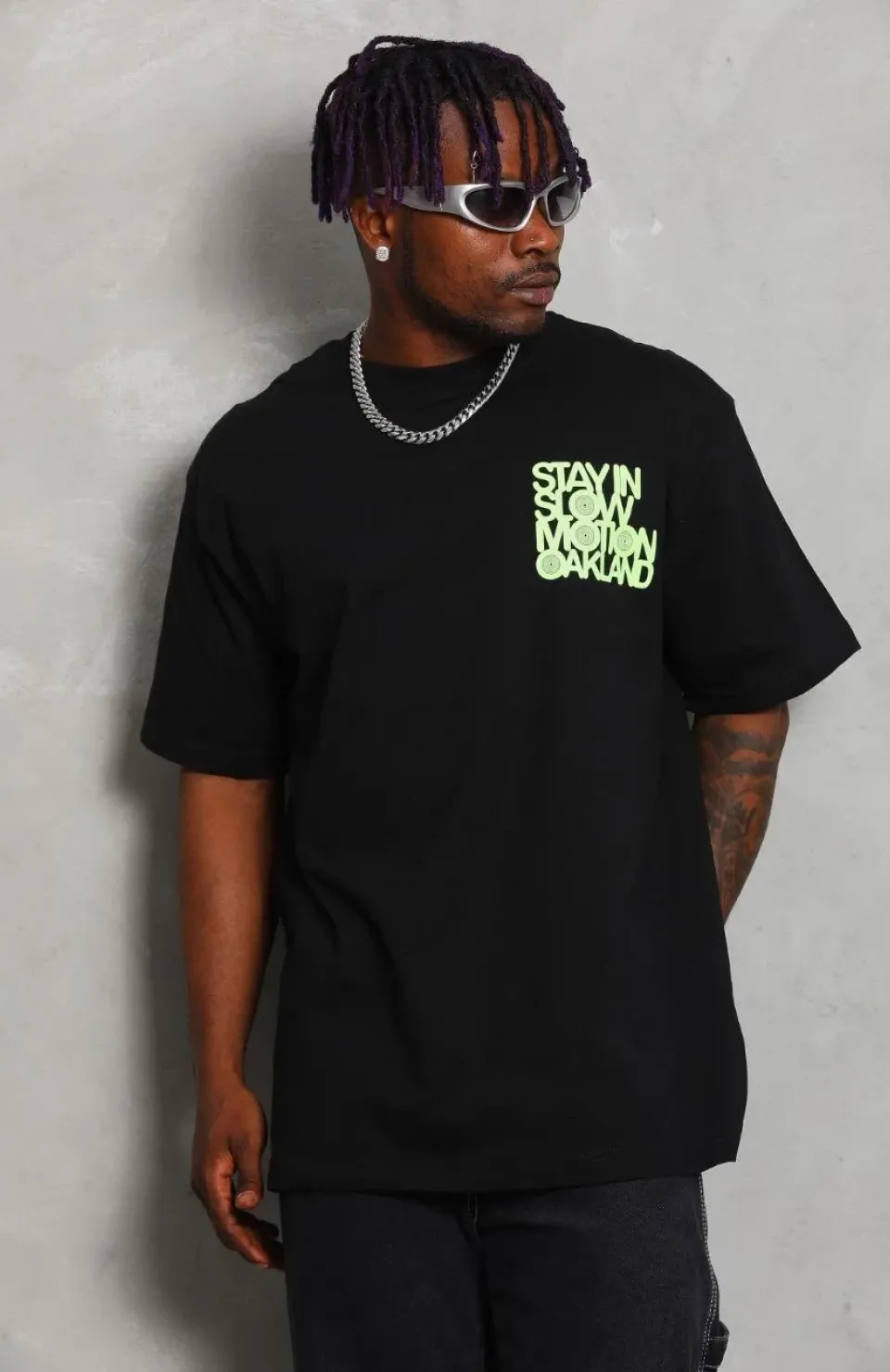 Unisex Oversize Baskılı Bisiklet Yaka T-Shirt - Siyah