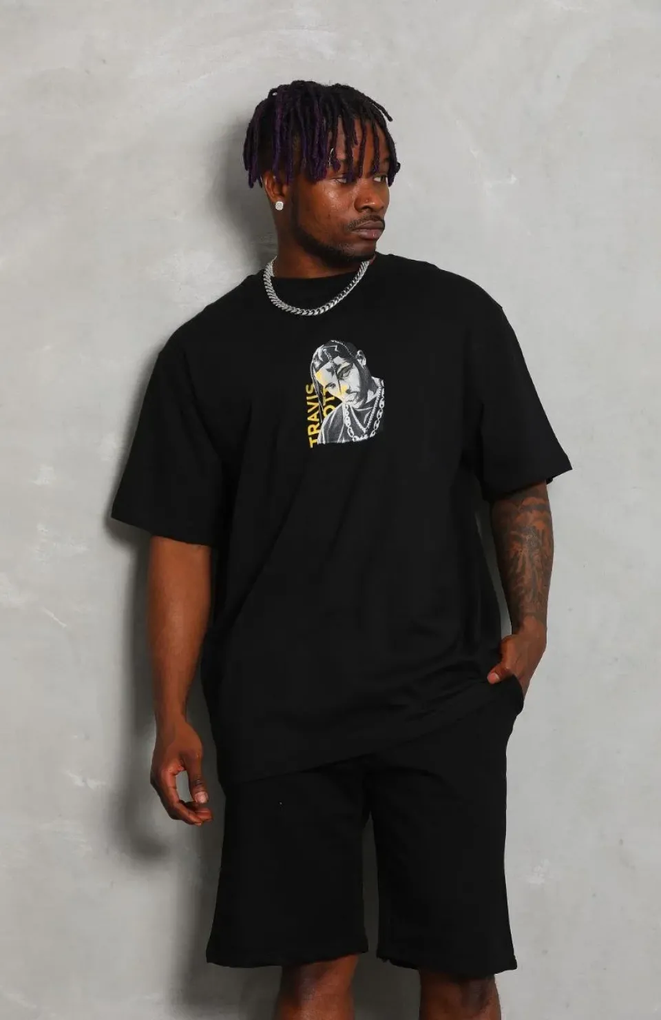 Unisex Oversize Baskılı Bisiklet Yaka T-Shirt - Siyah