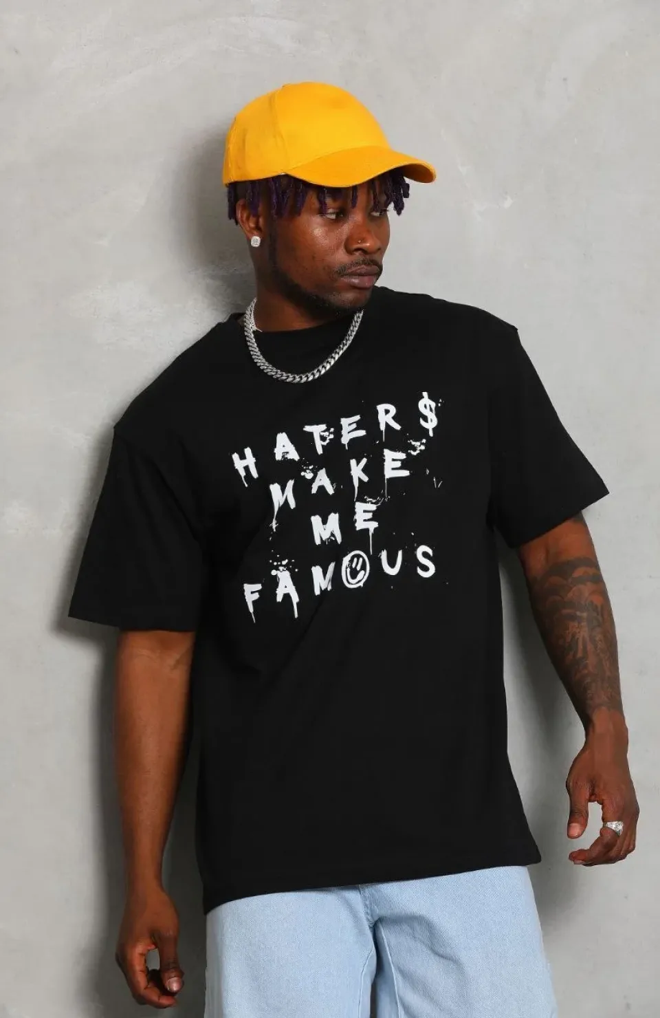 Unisex Oversize Baskılı Bisiklet Yaka T-Shirt - Siyah