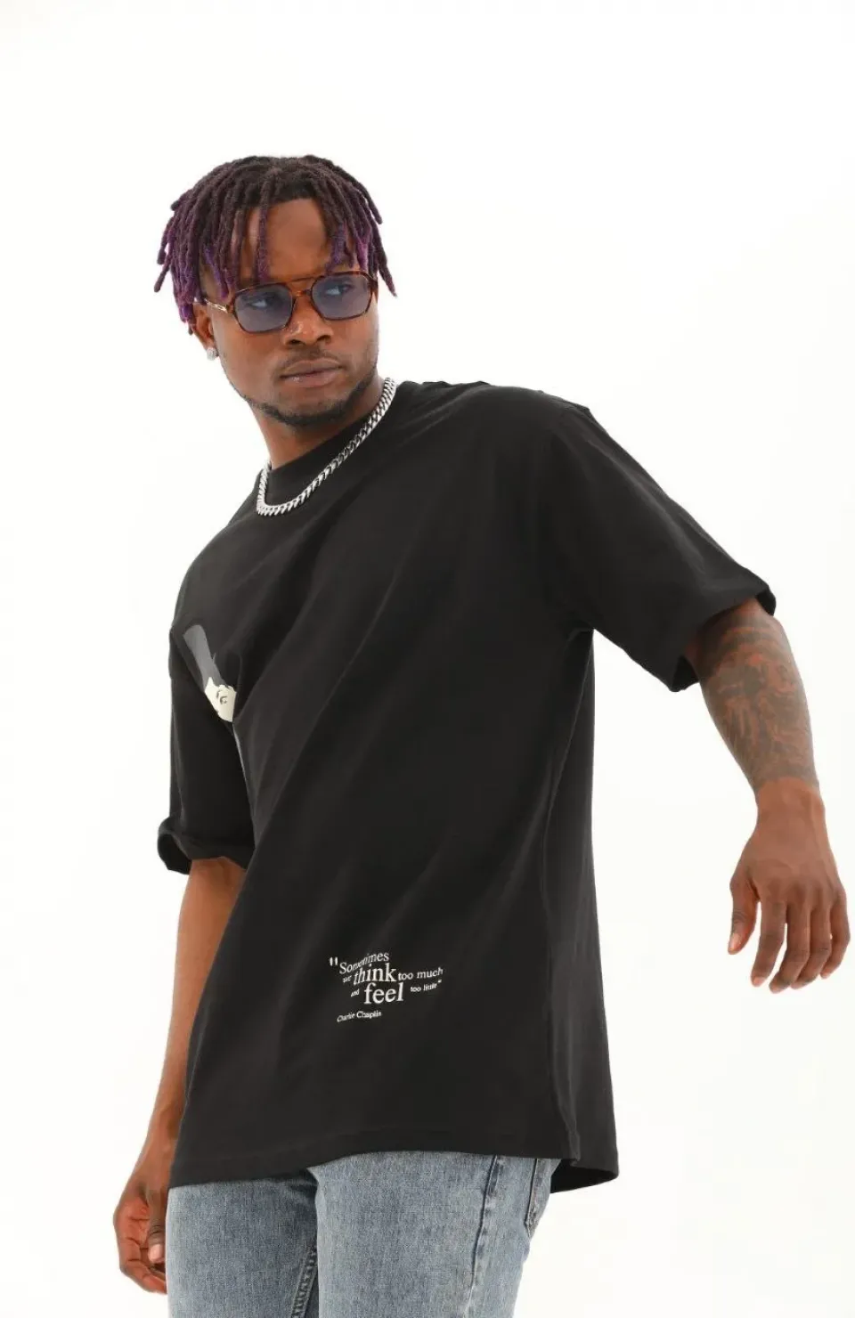 Unisex Oversize Baskılı Bisiklet Yaka T-Shirt - Siyah