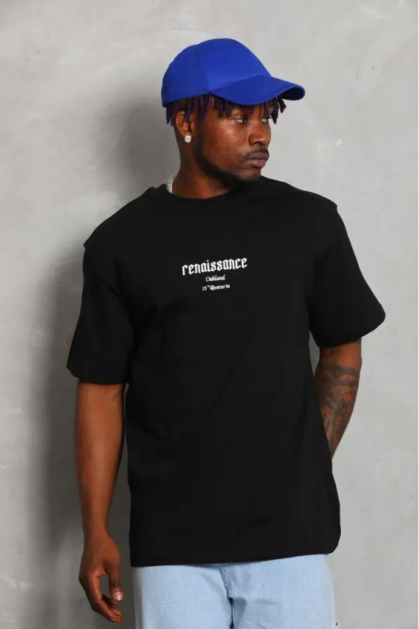 Unisex Oversize Baskılı Bisiklet Yaka T-Shirt - Siyah