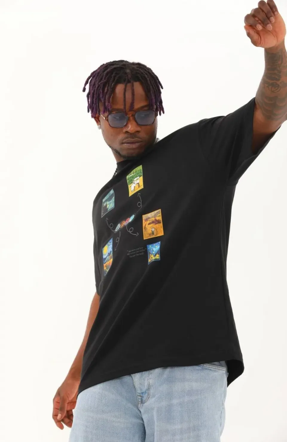 Unisex Oversize Baskılı Bisiklet Yaka T-Shirt - Siyah