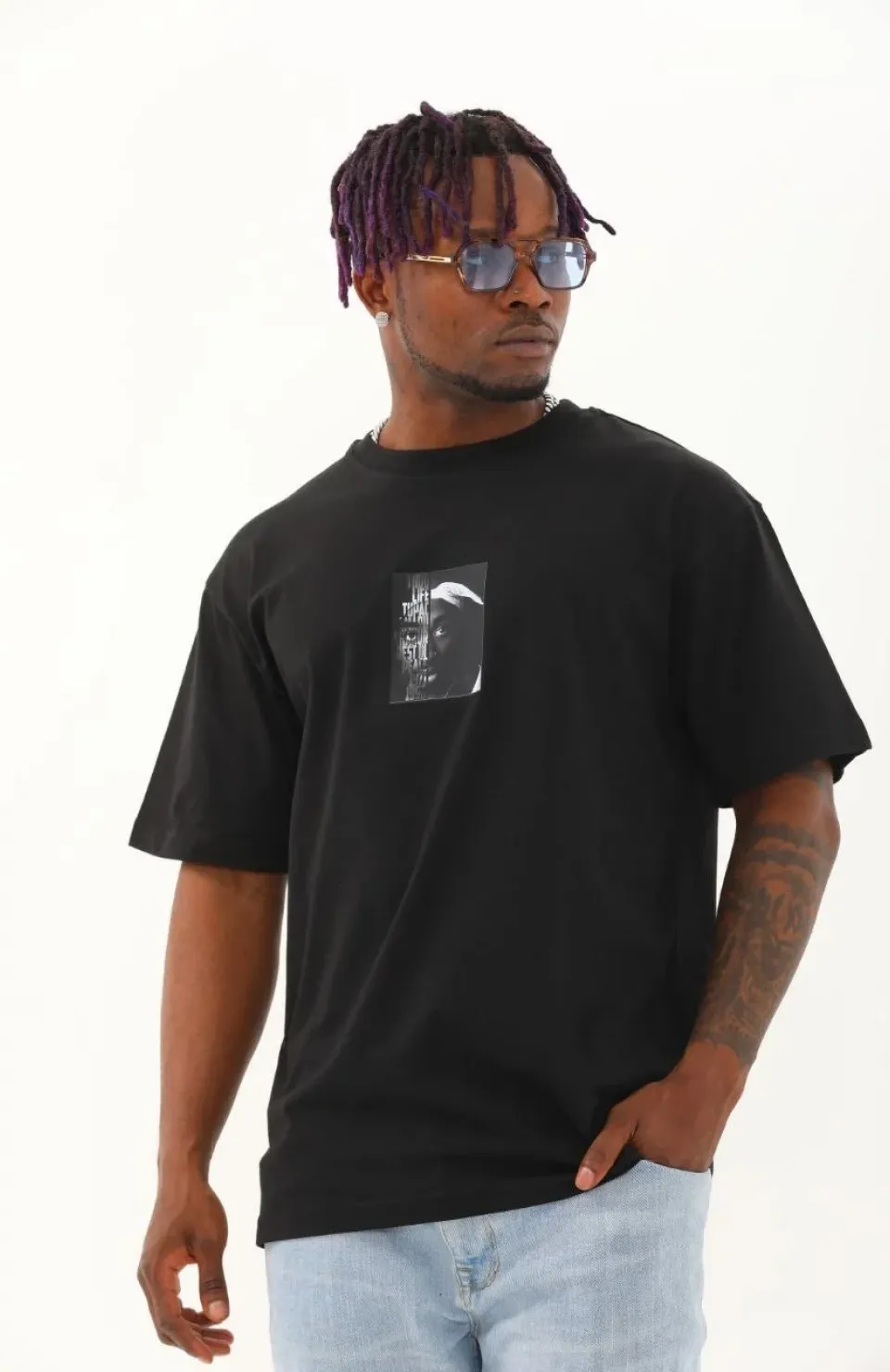 Unisex Oversize Baskılı Bisiklet Yaka T-Shirt - Siyah