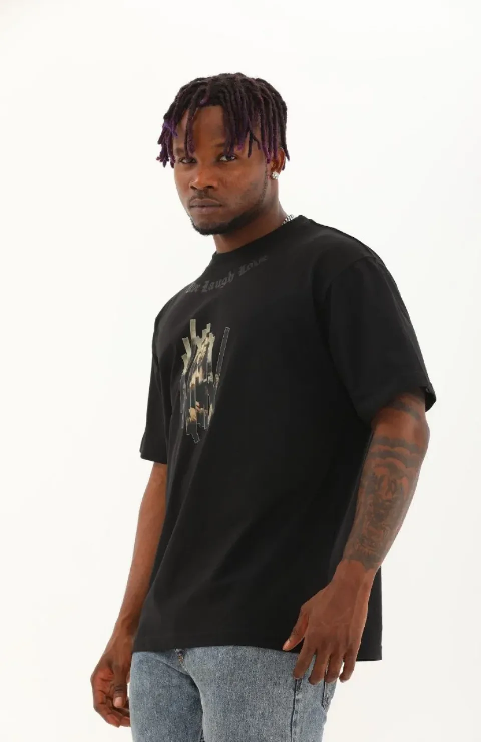 Unisex Oversize Baskılı Bisiklet Yaka T-Shirt - Siyah