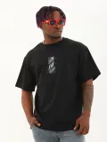 Unisex Oversize Baskılı Bisiklet Yaka T-Shirt - Siyah