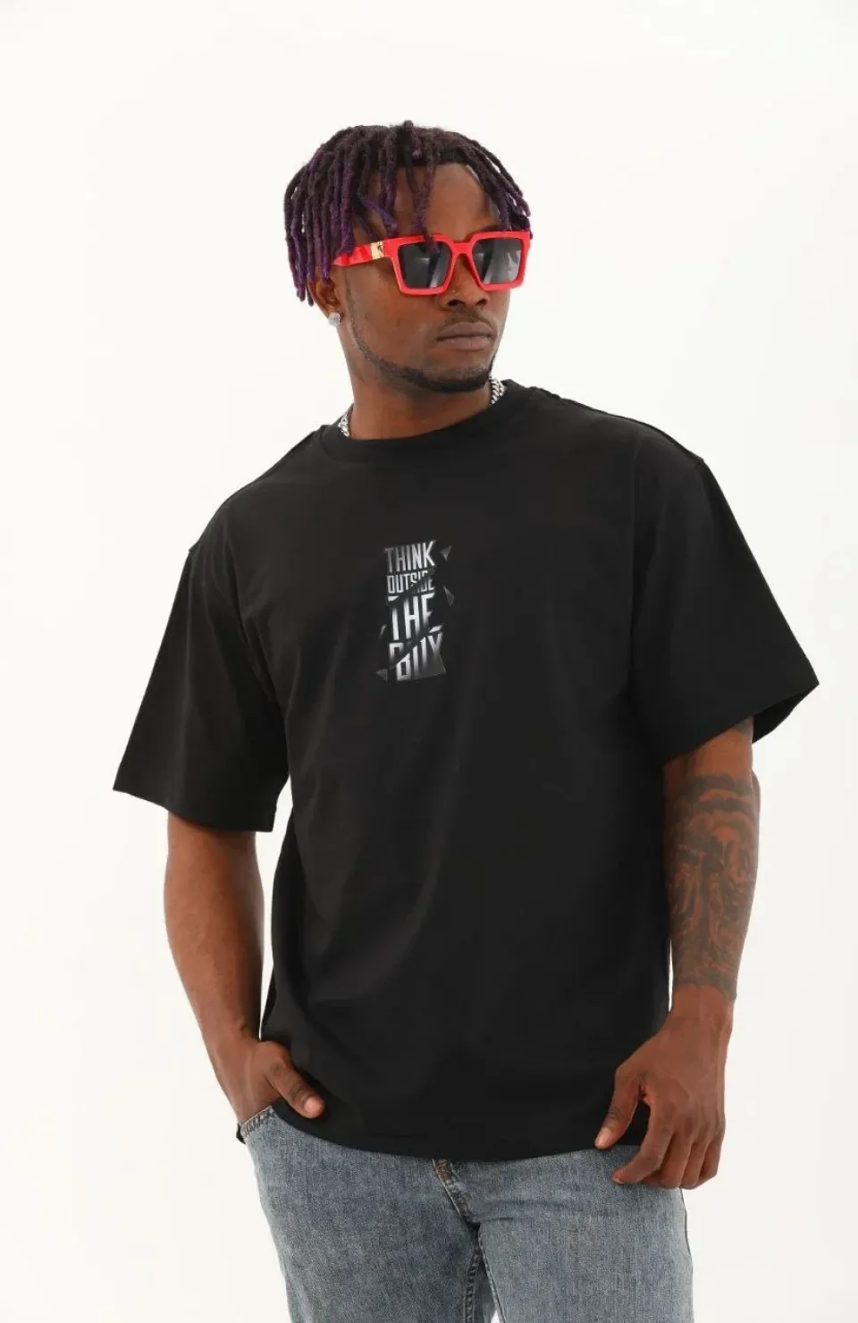 Unisex Oversize Baskılı Bisiklet Yaka T-Shirt - Siyah