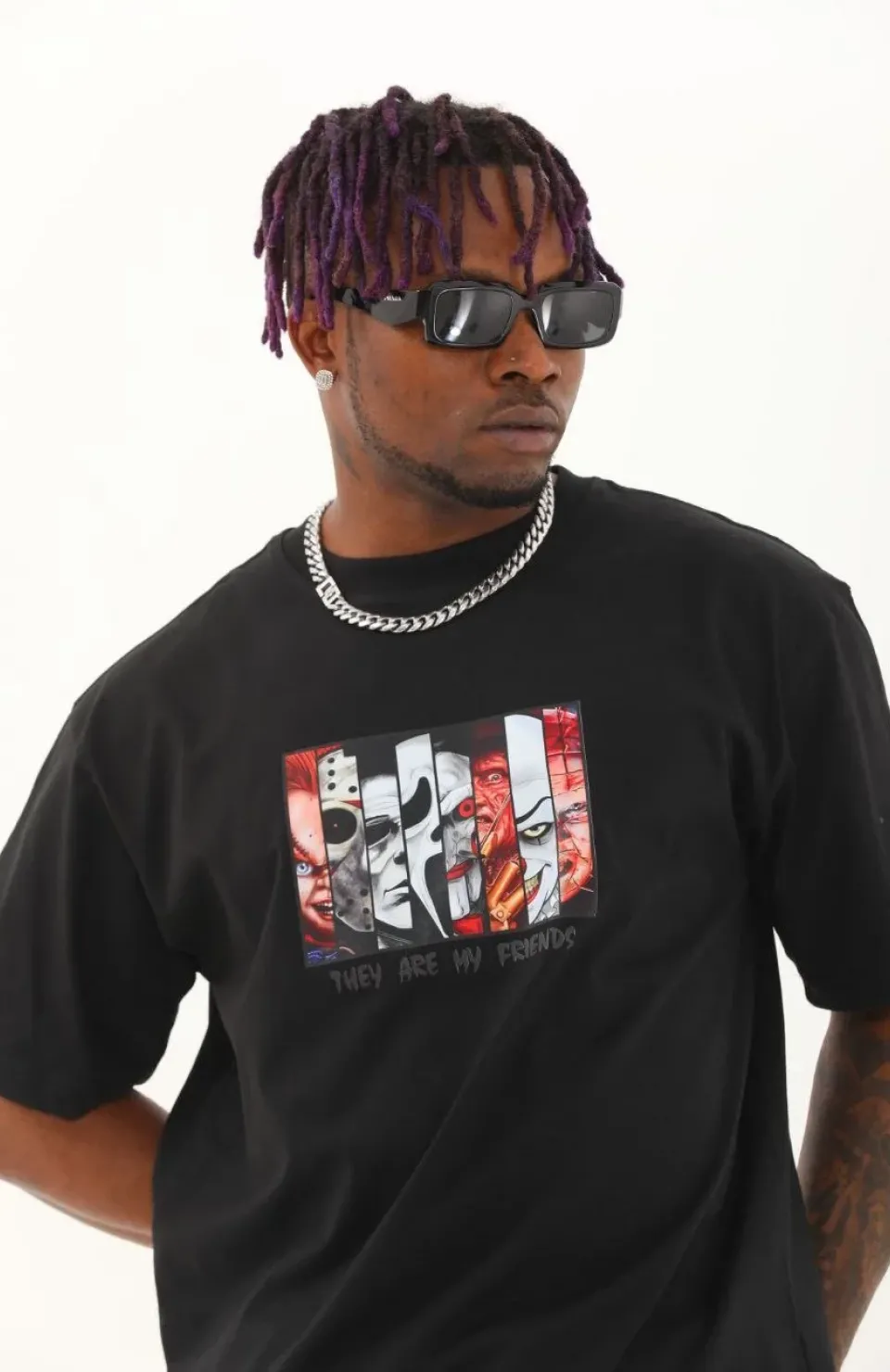 Unisex Oversize Baskılı Bisiklet Yaka T-Shirt - Siyah