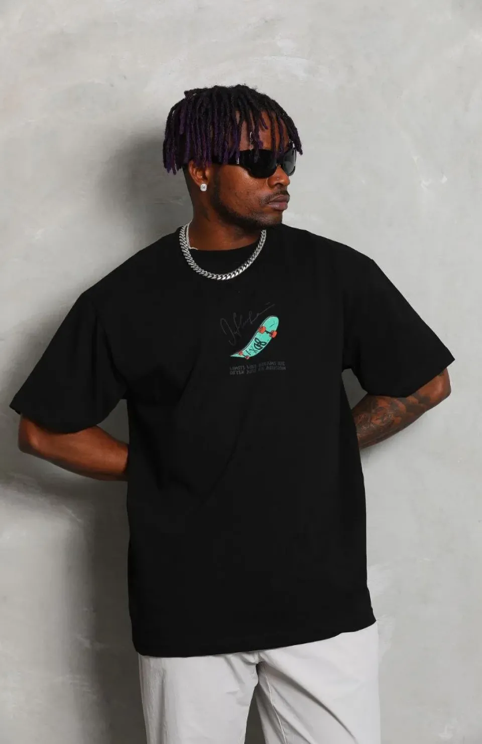 Unisex Oversize Baskılı Bisiklet Yaka T-Shirt - Siyah