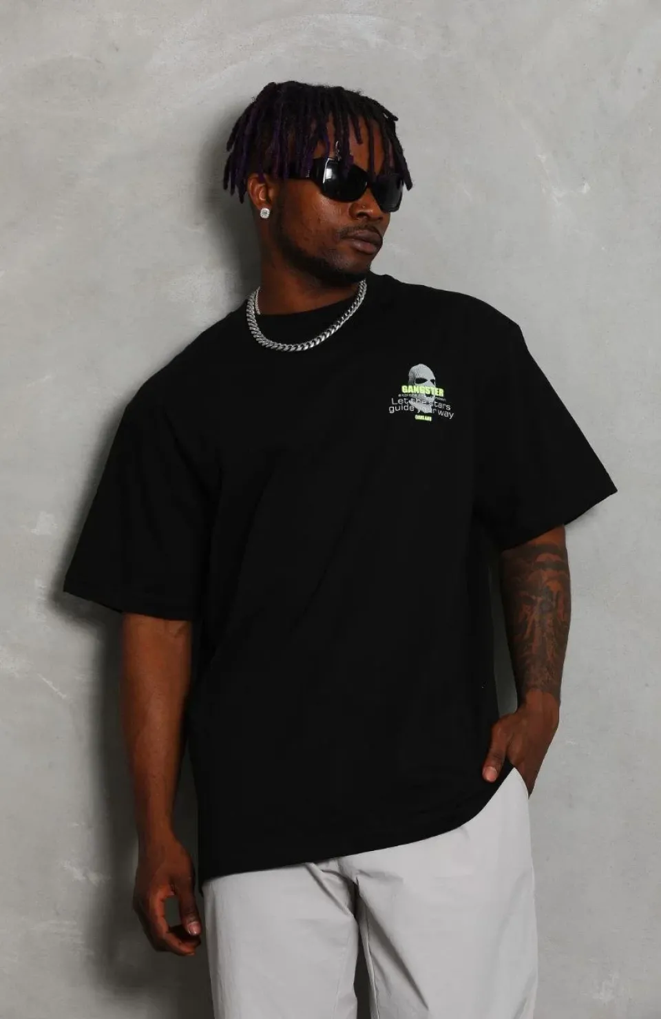 Unisex Oversize Baskılı Bisiklet Yaka T-Shirt - Siyah