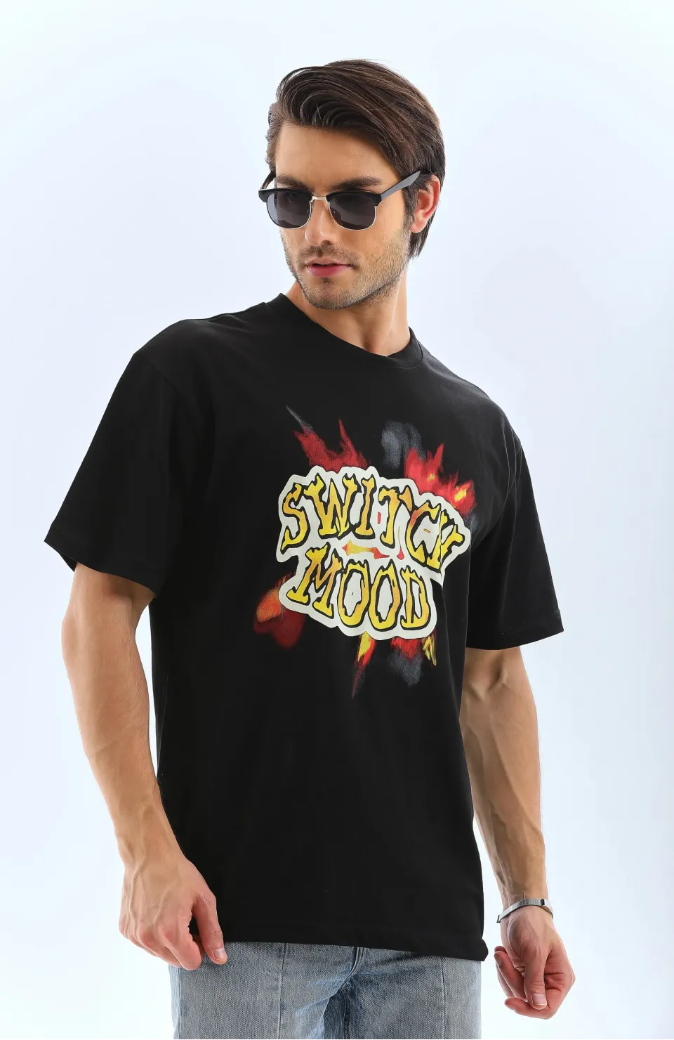 Unisex Oversize Baskılı Bisiklet Yaka T-Shirt - Siyah