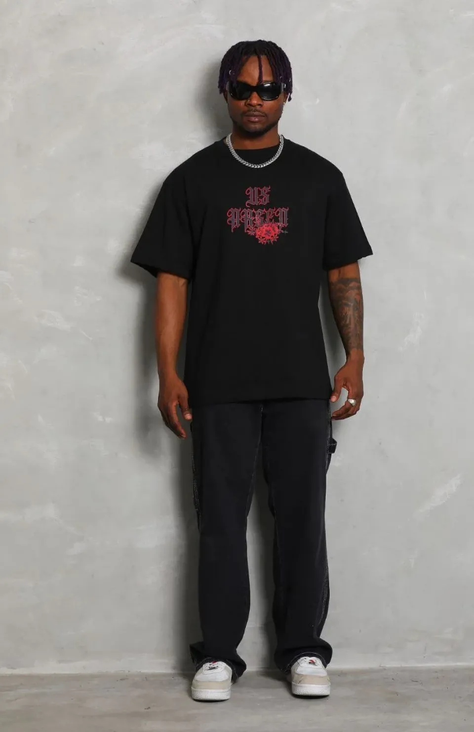 Unisex Oversize Baskılı Bisiklet Yaka T-Shirt - Siyah