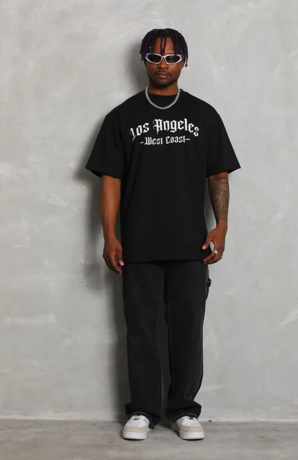 Unisex Oversize Baskılı Bisiklet Yaka T-Shirt - Siyah