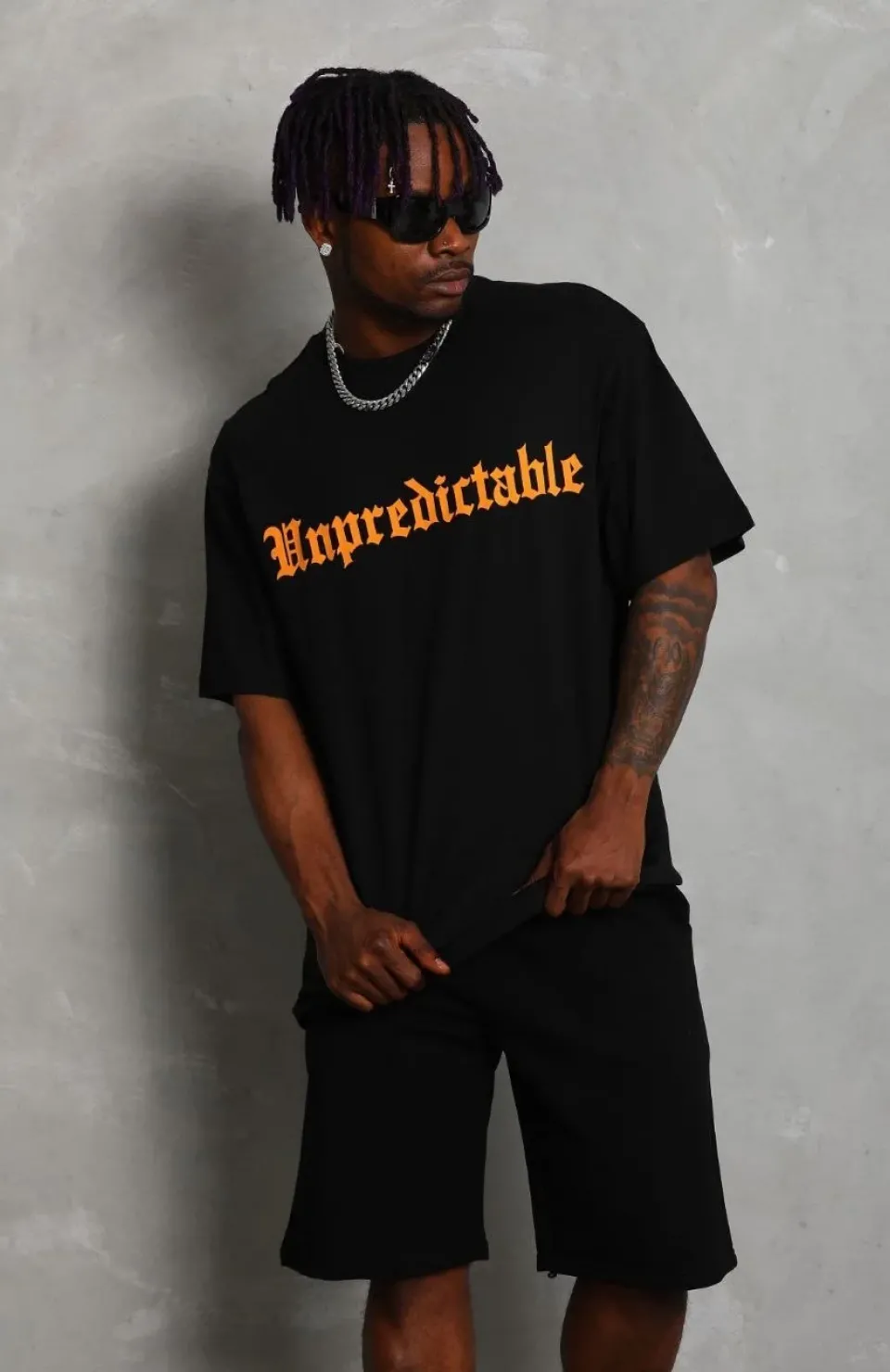 Unisex Oversize Baskılı Bisiklet Yaka T-Shirt - Siyah