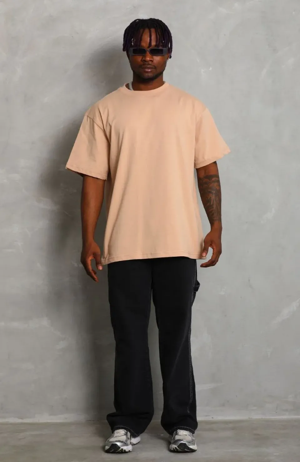 Unisex Oversize Düz Bisiklet Yaka T-Shirt - Bej