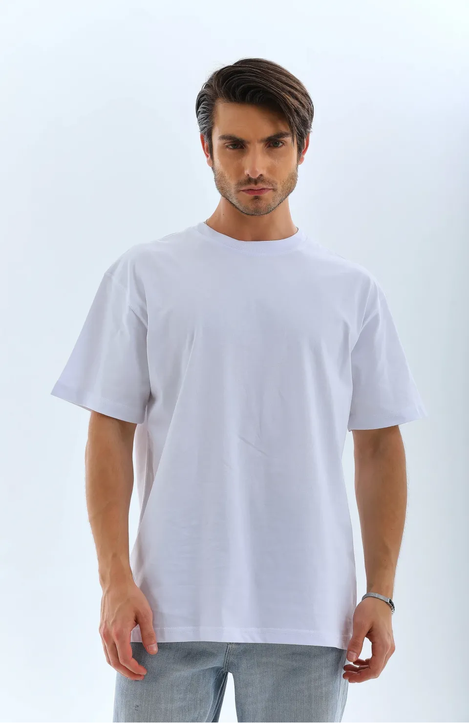 Unisex Oversize Düz Bisiklet Yaka T-Shirt - Beyaz