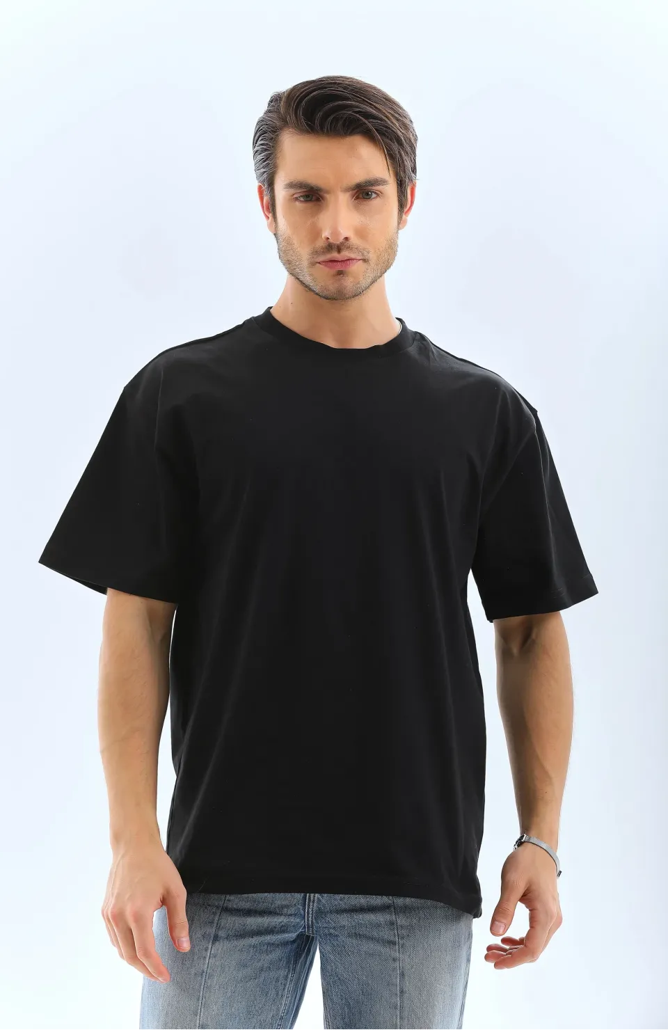 Unisex Oversize Düz Bisiklet Yaka T-Shirt - Siyah