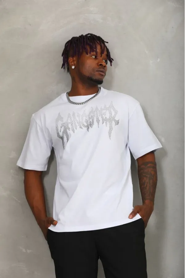 Unisex Oversize Taşlı Bisiklet Yaka T-Shirt - Beyaz