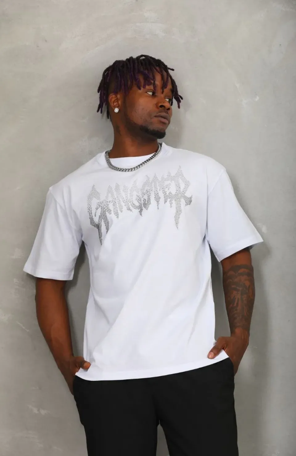 Unisex Oversize Taşlı Bisiklet Yaka T-Shirt - Beyaz