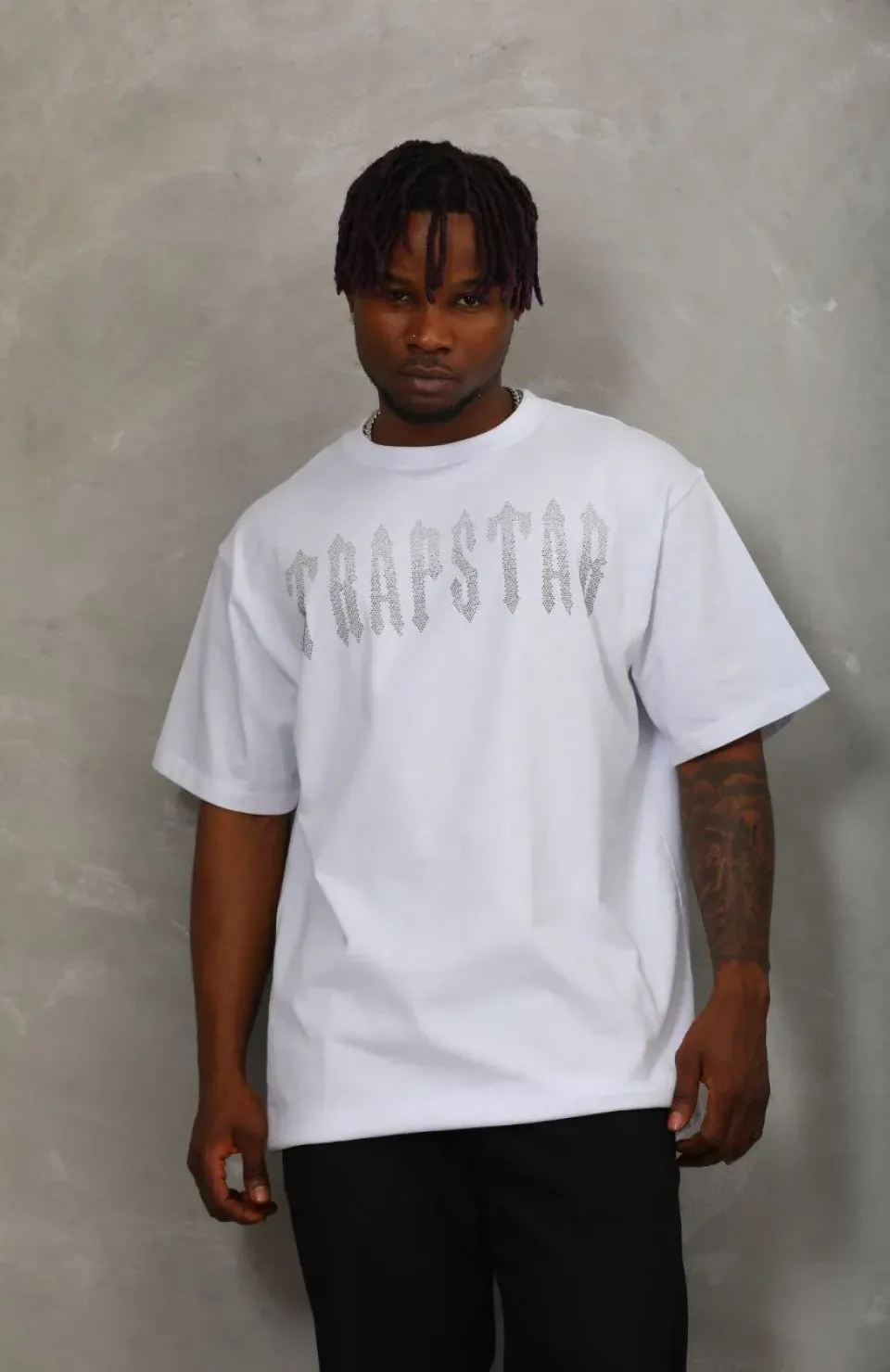 Unisex Oversize Taşlı Bisiklet Yaka T-Shirt - Beyaz