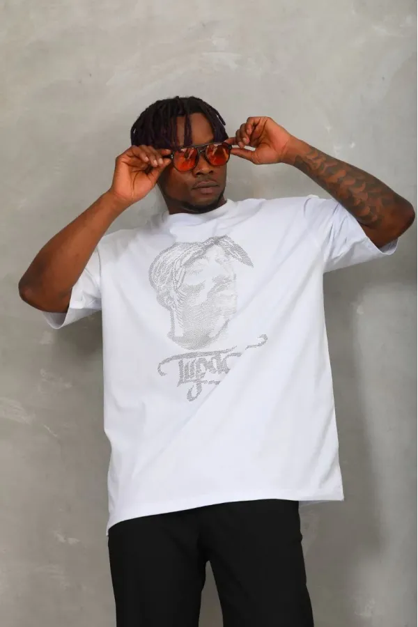 Unisex Oversize Taşlı Bisiklet Yaka T-Shirt - Beyaz